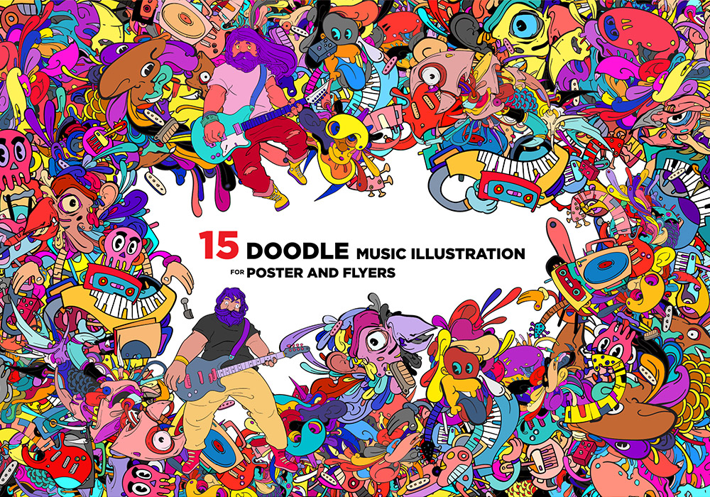 15张音乐节元素涂鸦海报平面素材 Doodle Music Illustration